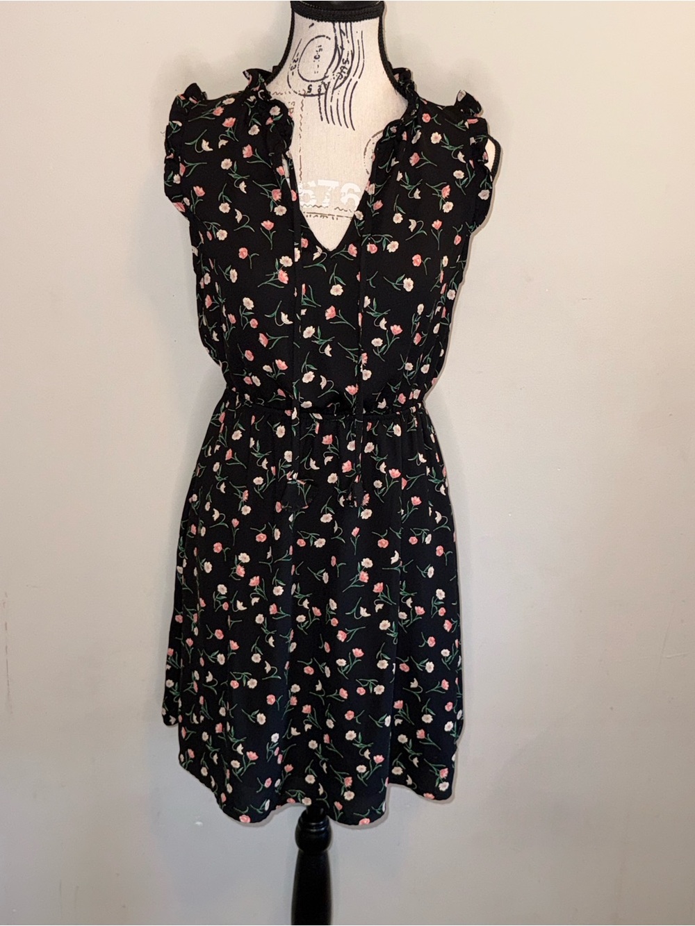 Lucky Brand Black Dress with Pink Floral Print and Green Stems - Size XS